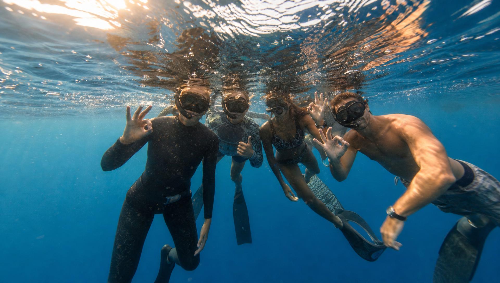 Group of freedivers at the surface giving ok signs